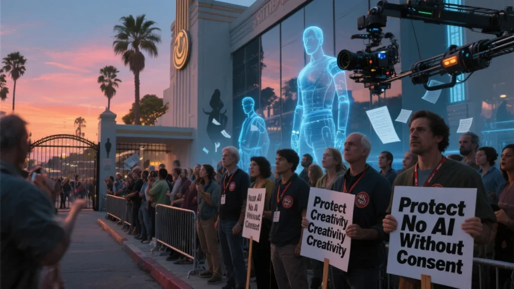 A tense illustration of a Hollywood picket line with writers and actors holding signs reading ‘Protect Creativity’ and ‘No AI Without Consent.’ In the background, robotic cameras and AI holograms hover near the studios, symbolizing the clash between human talent and emerging AI technologies.