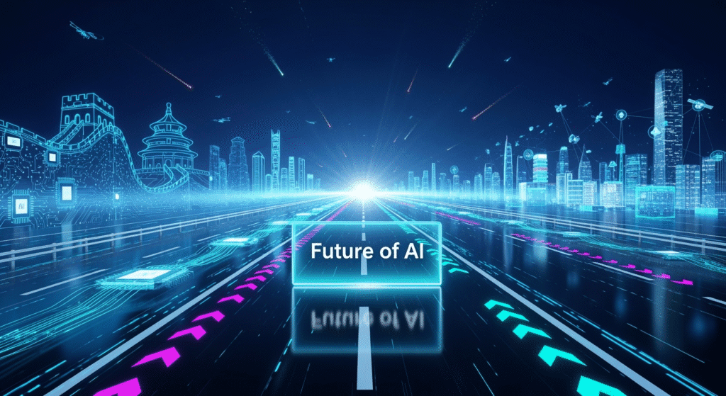 A futuristic highway stretching into a digital horizon, lined with glowing neon arrows and circuit-like pathways. On one side, Chinese landmarks like the Great Wall appear fused with AI circuits; on the other, global tech icons shimmer in the distance. At the forefront, a glowing sign reads “Future of AI,” symbolizing Tencent’s ongoing journey into global dominance.
