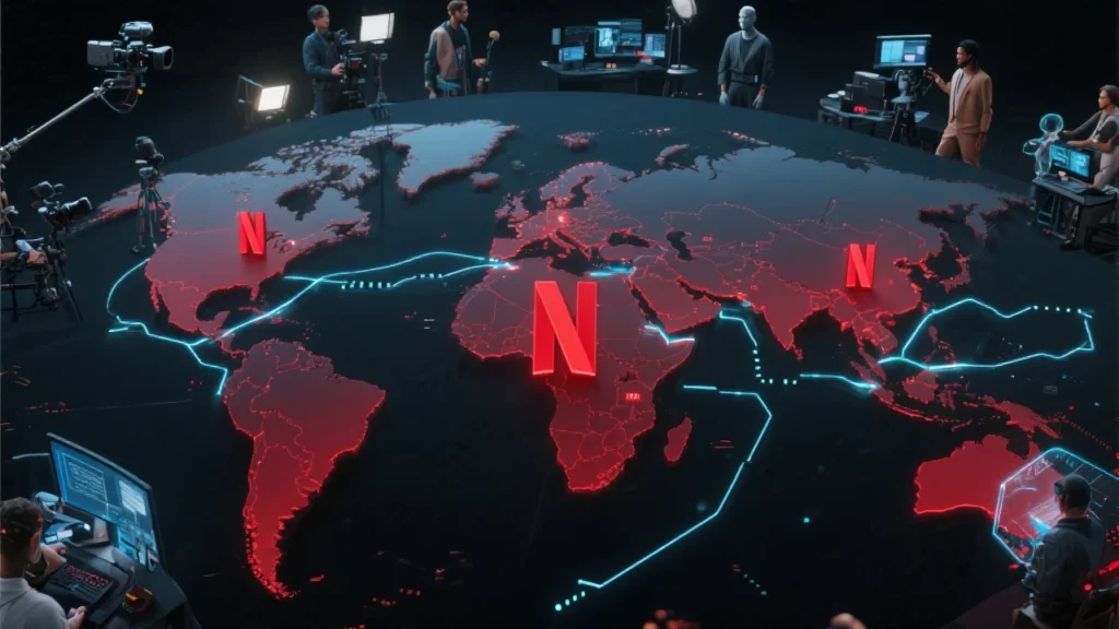 A world map illuminated with glowing red Netflix logos across multiple countries, connected by AI circuitry lines. Around the map, film crews, actors, and digital avatars represent global collaboration. The tone conveys Netflix as a global leader setting AI standards in entertainment.