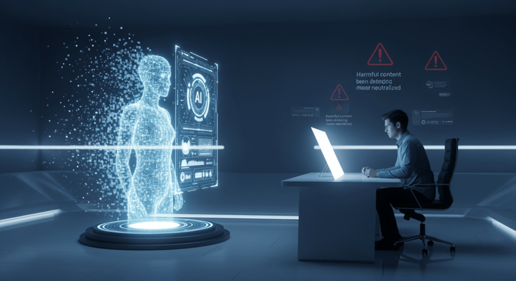 An AI assistant symbolized by a glowing, transparent humanoid figure stands at a crossroads with two illuminated paths: one marked “Progress” and the other “Responsibility.” The AI holds a balance scale glowing in blue, representing safety and ethics. In the background, digital code streams flow across a futuristic city skyline, symbolizing rapid AI growth.