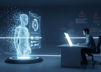 An AI assistant symbolized by a glowing, transparent humanoid figure stands at a crossroads with two illuminated paths: one marked “Progress” and the other “Responsibility.” The AI holds a balance scale glowing in blue, representing safety and ethics. In the background, digital code streams flow across a futuristic city skyline, symbolizing rapid AI growth.