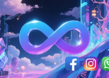 A sleek digital illustration showing Meta’s iconic infinity logo merging with Midjourney’s artistic AI visuals. The background is a vibrant collage of surreal, dreamlike AI-generated images flowing seamlessly into Facebook, Instagram, and WhatsApp app icons, symbolizing the fusion of social media and creative AI aesthetics.