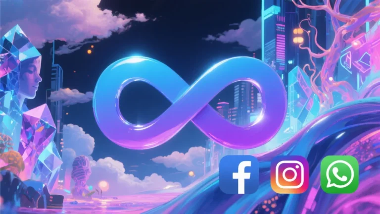 A sleek digital illustration showing Meta’s iconic infinity logo merging with Midjourney’s artistic AI visuals. The background is a vibrant collage of surreal, dreamlike AI-generated images flowing seamlessly into Facebook, Instagram, and WhatsApp app icons, symbolizing the fusion of social media and creative AI aesthetics.