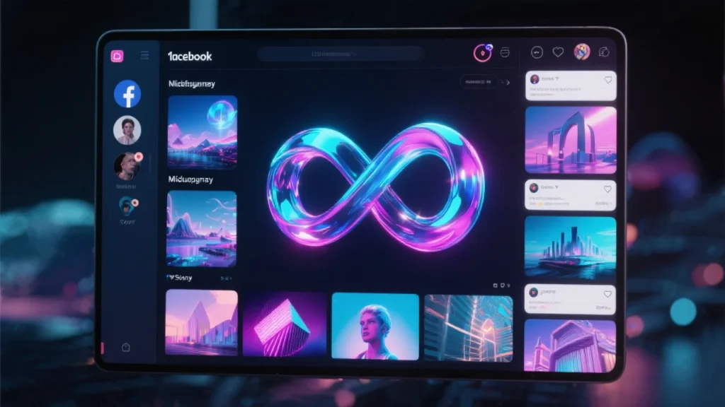 A futuristic social media feed glowing with vibrant AI-generated images, blending surreal art with familiar Facebook and Instagram layouts. In the center, Meta’s infinity logo connects seamlessly with Midjourney’s creative visuals, symbolizing the start of a powerful partnership.