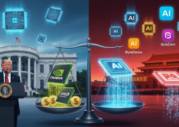 A wide-angle illustration of a split screen. On the left, the White House with Donald Trump at a podium, flanked by U.S. flags and microchip graphics hovering like icons. On the right, Beijing’s Great Hall of the People with glowing AI chips, surrounded by logos of Chinese tech firms like Tencent, ByteDance, and DeepSeek. In the center, oversized Nvidia and AMD chips balanced on a scale, with dollar signs flowing to the U.S. side and binary code streaming toward China. The overall tone: tense, high-stakes technology diplomacy.