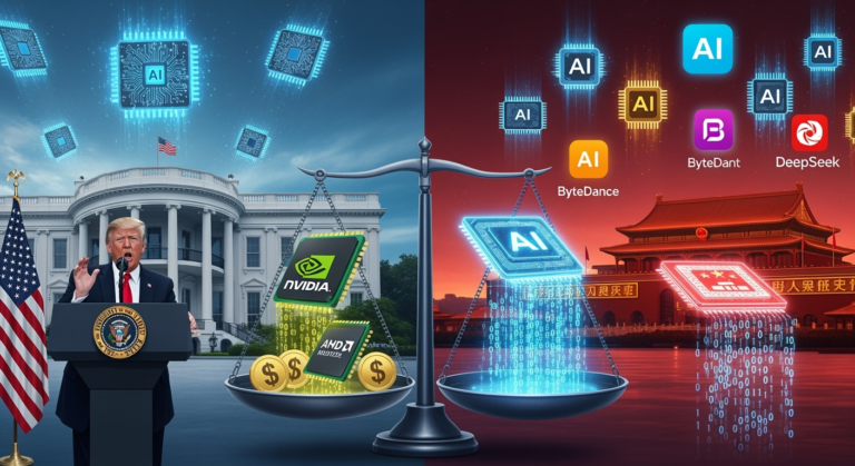 A wide-angle illustration of a split screen. On the left, the White House with Donald Trump at a podium, flanked by U.S. flags and microchip graphics hovering like icons. On the right, Beijing’s Great Hall of the People with glowing AI chips, surrounded by logos of Chinese tech firms like Tencent, ByteDance, and DeepSeek. In the center, oversized Nvidia and AMD chips balanced on a scale, with dollar signs flowing to the U.S. side and binary code streaming toward China. The overall tone: tense, high-stakes technology diplomacy.