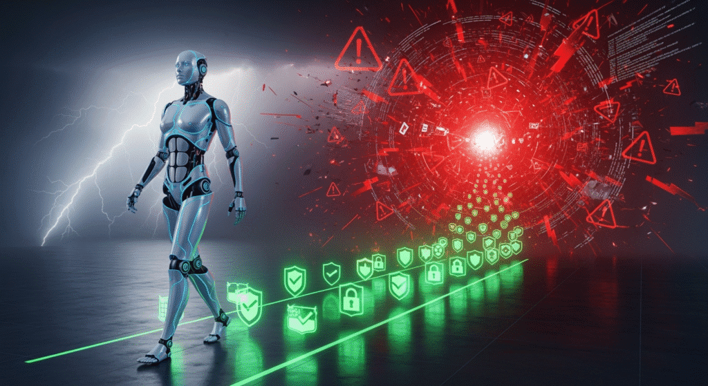 A futuristic AI assistant walks away from a chaotic digital storm filled with red warning signs, leaving behind a calmer, brighter path lined with green safety icons. The AI appears determined yet serene, symbolizing the courage to set boundaries and the shift toward safer, ethical AI interactions.