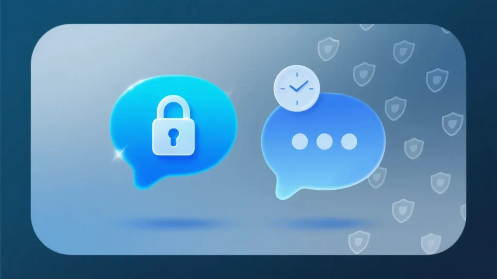 A clean digital illustration of two chat bubbles side by side: one glowing brightly with a lock icon, the other fading away into transparency with a clock above it, symbolizing “expires in 72 hours.” The background has a soft gradient with shield icons, emphasizing security and user choice.