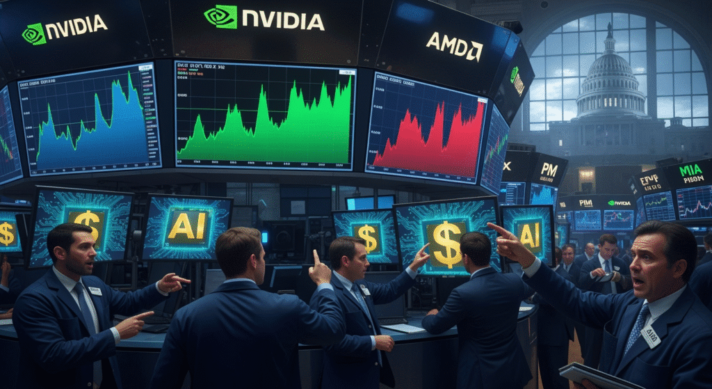 A stock market trading floor scene with monitors flashing “Nvidia” and “AMD” tickers. One graph line surges upward while another dips, reflecting uncertainty. Analysts in suits look concerned, some pointing at charts of AI chips with dollar signs overlaying them. In the background, a shadowy silhouette of a government building looms, representing Washington’s involvement in corporate profits.