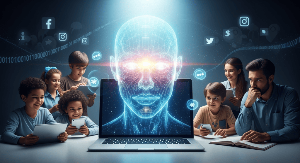 A conceptual digital artwork showing a futuristic chatbot with a glowing humanoid face on a laptop screen. Around it, multiple users—children, teens, and adults—are interacting with the AI. Some look happy, while others appear confused or worried. In the background, icons of social media platforms like Facebook and Instagram fade into shadow, symbolizing both innovation and hidden risks.