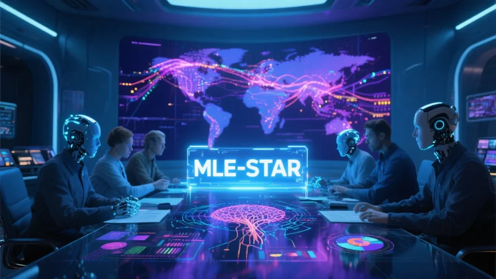 A sleek, high-tech command center with a glowing "MLE-STAR" hologram at the center. Engineers and AI avatars stand around a digital table displaying neural network diagrams and data visualizations. A world map in the background shows lights connecting different regions, symbolizing global impact and reach.