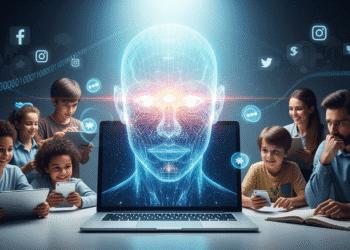 A conceptual digital artwork showing a futuristic chatbot with a glowing humanoid face on a laptop screen. Around it, multiple users—children, teens, and adults—are interacting with the AI. Some look happy, while others appear confused or worried. In the background, icons of social media platforms like Facebook and Instagram fade into shadow, symbolizing both innovation and hidden risks.
