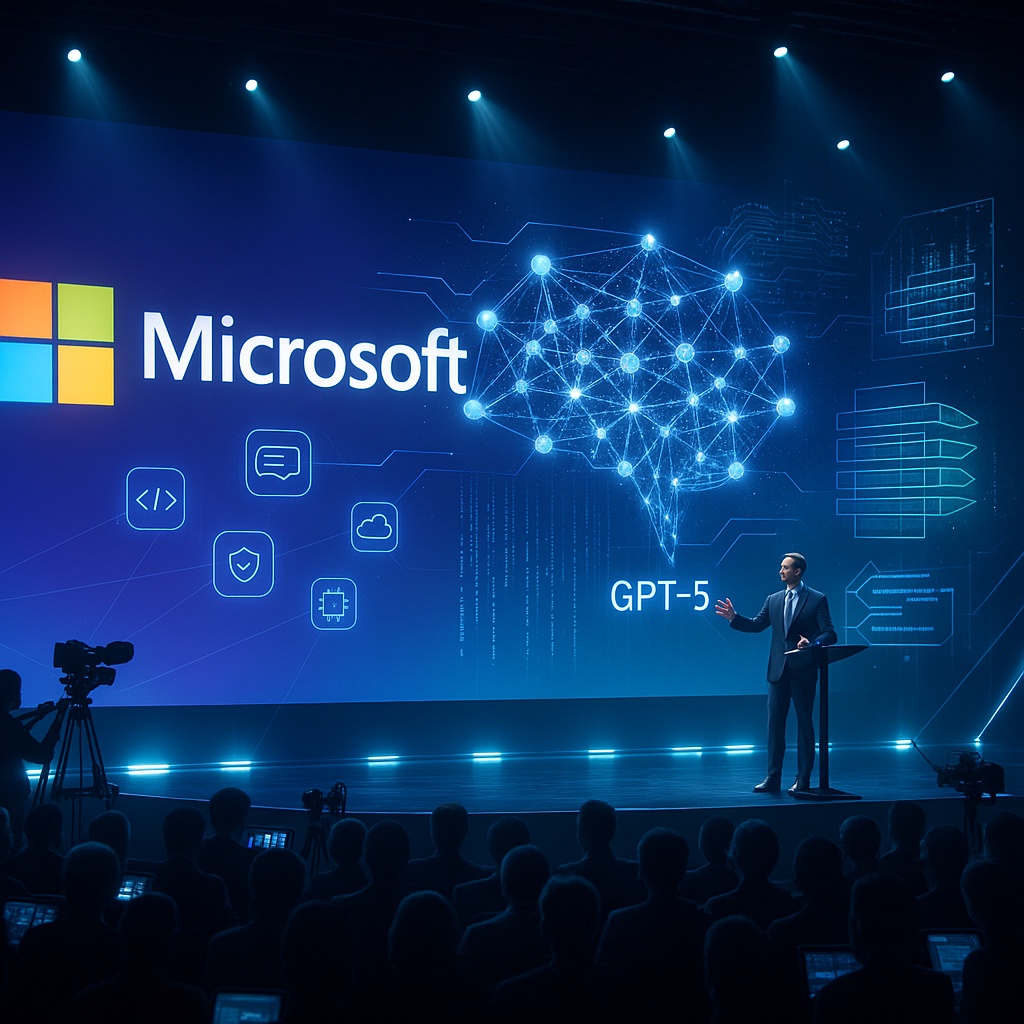 A dramatic press-conference style scene with a large Microsoft logo projected behind a sleek stage, where digital holograms of GPT-5’s neural network architecture shimmer in midair. The audience, a mix of journalists and tech enthusiasts, is surrounded by floating AI icons and glowing data streams, symbolizing a groundbreaking AI announcement.