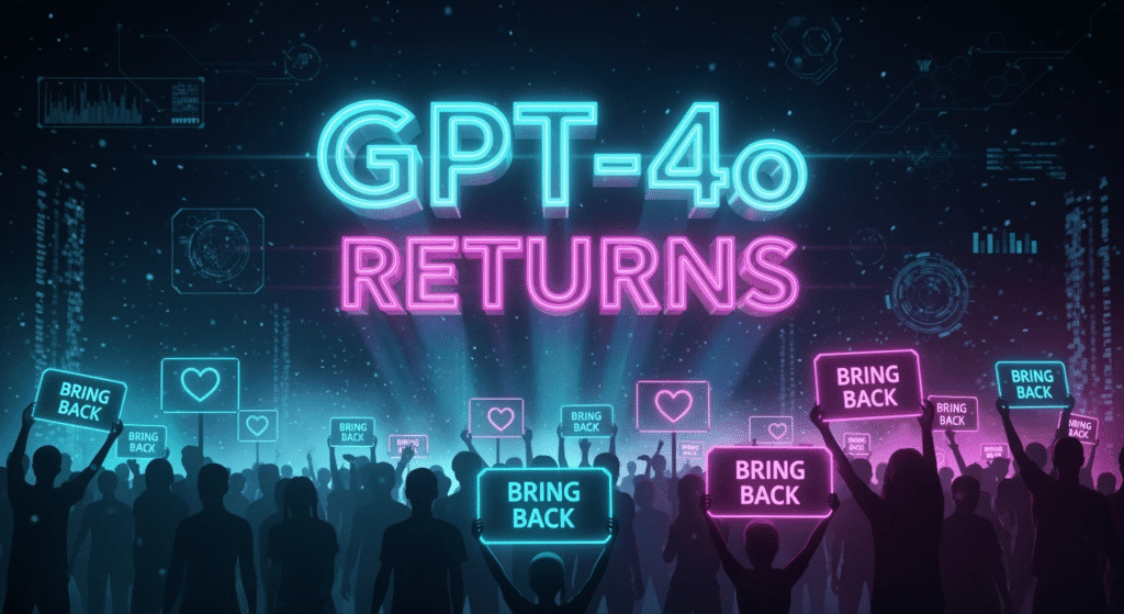 A dramatic headline graphic showing the words ‘GPT-4o Returns’ in bold, glowing text against a dark tech-themed background. A large crowd of stylized silhouettes holds up digital protest signs, with glowing holographic hearts and slogans like ‘Bring Back 4o!