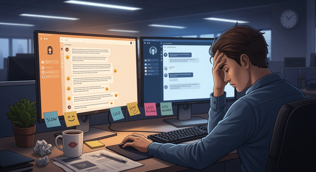 A frustrated office worker sits at a desk with two computer screens: one showing GPT-4o giving a warm, engaging reply, the other showing GPT-5 delivering a short, cold corporate-style response. Sticky notes with words like ‘slow,’ ‘cold,’ and ‘less accurate’ are scattered around.