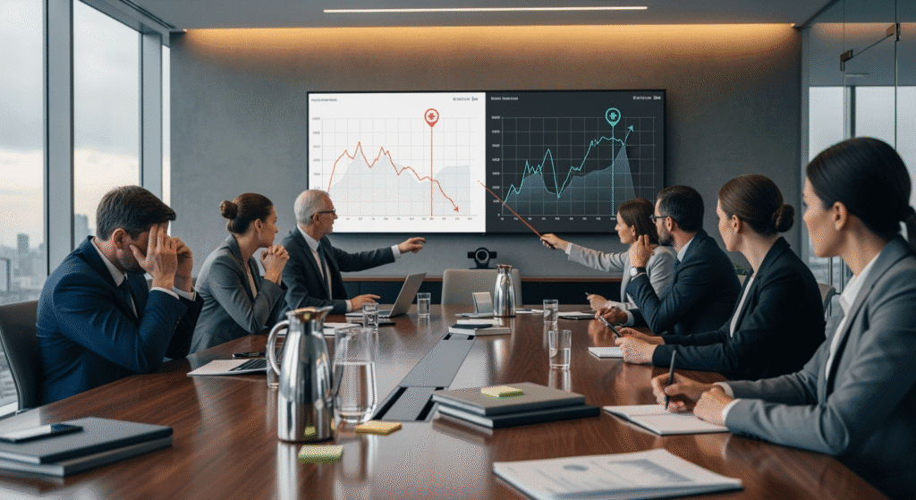"A business meeting scene inside a sleek tech company boardroom. Charts and graphs on a big screen show a sudden drop in user satisfaction after GPT-5’s release, while another chart spikes after GPT-4o’s return. Executives look both concerned and thoughtful."