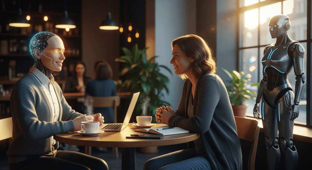 An AI avatar with a warm smile sits across from a human user at a cozy café table, sharing a friendly conversation. In the background, a sleek, more robotic AI model watches from afar, representing the balance between warmth and technical advancement.