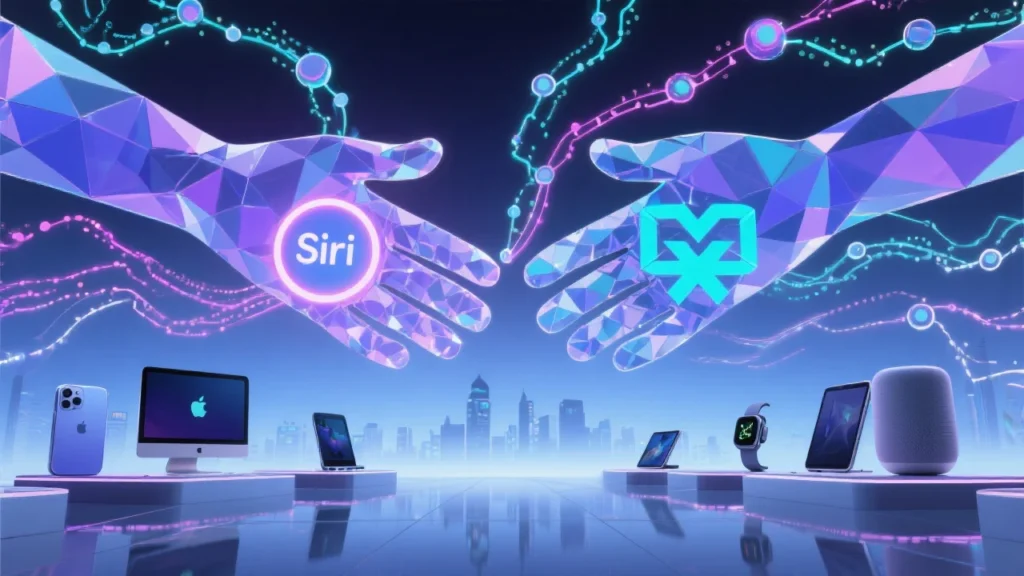 An artistic concept of Apple and Google shaking digital hands—Apple’s glowing Siri icon on one side and Google’s Gemini symbol on the other—connected by streams of light resembling neural networks. The background shows a futuristic skyline of devices like iPhones, Macs, and smart speakers, symbolizing a new AI-powered era for voice assistants.