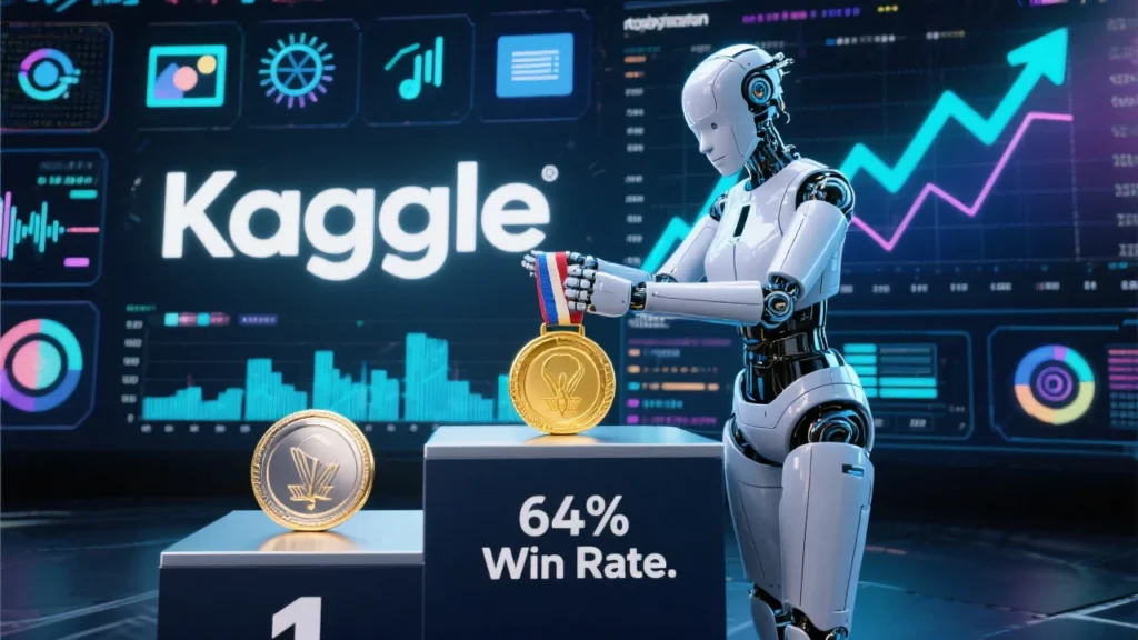 A dramatic data dashboard showing rising performance charts, gold/silver/bronze medal icons stacked next to the word “Kaggle,” and various ML task icons (images, audio waves, text blocks). In the foreground, an AI agent confidently places a gold medal on a podium labeled “64% Win Rate.”