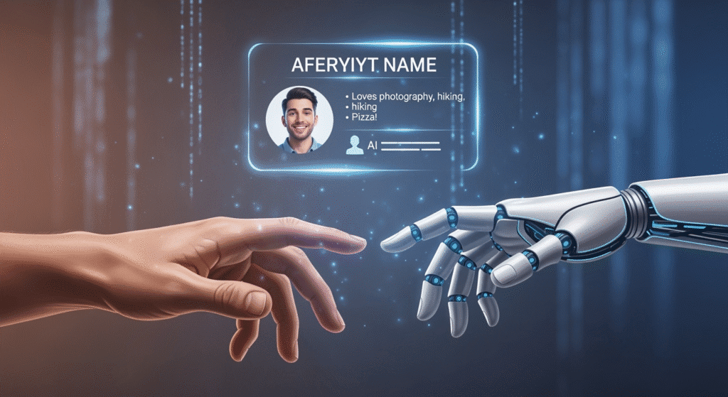 A digital illustration of two hands reaching out—one human, one robotic. The robot hand looks lifelike but slightly artificial, blurring the boundary. Behind them, a glowing profile card of a chatbot shows a human name, favorite hobbies, and a friendly photo, emphasizing how AI is disguised as a “friend.”