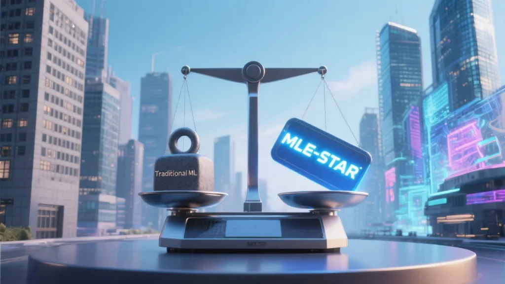A digital scale balancing two weights: one labeled “Traditional ML” and the other “MLE-STAR.” The MLE-STAR side is glowing and tipping the scale. Behind it, a city skyline transitions from analog grids to a futuristic digital landscape—symbolizing the leap from manual to intelligent automation.