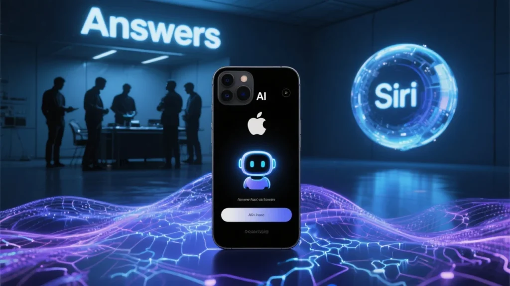 A sleek Apple-branded AI chatbot interface glows on a futuristic black iPhone, surrounded by digital waves of data and neural network patterns. In the background, a shadowy team of engineers huddle under glowing “Answers” signage, symbolizing secrecy and innovation. A digital version of Siri fades into a newer, smarter AI icon—illustrating the transformation.