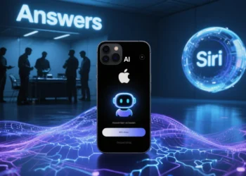 A sleek Apple-branded AI chatbot interface glows on a futuristic black iPhone, surrounded by digital waves of data and neural network patterns. In the background, a shadowy team of engineers huddle under glowing “Answers” signage, symbolizing secrecy and innovation. A digital version of Siri fades into a newer, smarter AI icon—illustrating the transformation.