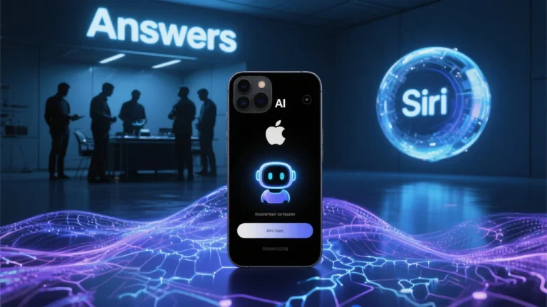 A sleek Apple-branded AI chatbot interface glows on a futuristic black iPhone, surrounded by digital waves of data and neural network patterns. In the background, a shadowy team of engineers huddle under glowing “Answers” signage, symbolizing secrecy and innovation. A digital version of Siri fades into a newer, smarter AI icon—illustrating the transformation.