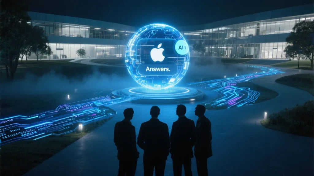 A dimly lit Apple headquarters with a glowing AI core at the center of the campus. Digital streams of code radiate outward in white and neon blue, symbolizing a strategic shift. In the foreground, silhouettes of Apple execs examine a glowing hologram of a chatbot interface labeled “Answers.” The mood conveys secrecy, momentum, and innovation.