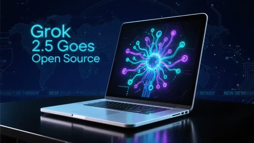 A breaking news-style graphic showing a glowing AI neural network emerging from a laptop screen, with the words ‘Grok 2.5 Goes Open Source’ hovering in futuristic typography. The background is a blend of circuit boards and global network connections, symbolizing worldwide accessibility."