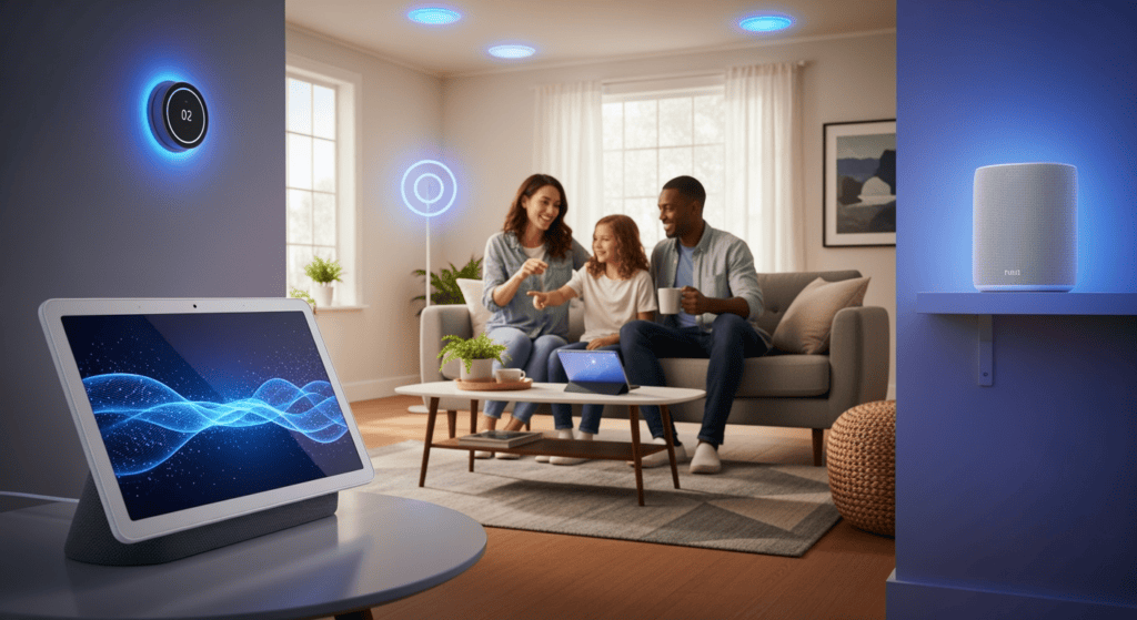 A modern living room with a sleek Google Nest Hub on a side table and a Nest Audio speaker on a shelf. The screen of the Hub shows an animated AI interface with glowing blue waves to represent Gemini Live. A family interacts casually with the device, while smart lights and a thermostat are subtly visible in the background, highlighting smart home integration.