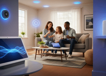 A modern living room with a sleek Google Nest Hub on a side table and a Nest Audio speaker on a shelf. The screen of the Hub shows an animated AI interface with glowing blue waves to represent Gemini Live. A family interacts casually with the device, while smart lights and a thermostat are subtly visible in the background, highlighting smart home integration.