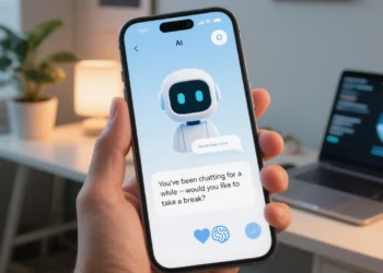 An AI chatbot interface displayed on a smartphone screen, gently prompting the user with a message like "You've been chatting for a while — would you like to take a break?" The background shows a cozy, tech-friendly workspace with ambient lighting. A small mental health icon (like a heart and brain) is subtly visible on the screen, symbolizing emotional wellness.