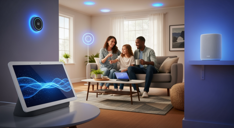 A modern living room with a sleek Google Nest Hub on a side table and a Nest Audio speaker on a shelf. The screen of the Hub shows an animated AI interface with glowing blue waves to represent Gemini Live. A family interacts casually with the device, while smart lights and a thermostat are subtly visible in the background, highlighting smart home integration.