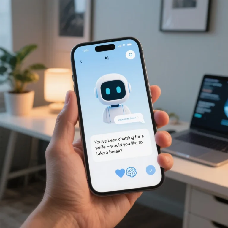 An AI chatbot interface displayed on a smartphone screen, gently prompting the user with a message like "You've been chatting for a while — would you like to take a break?" The background shows a cozy, tech-friendly workspace with ambient lighting. A small mental health icon (like a heart and brain) is subtly visible on the screen, symbolizing emotional wellness.
