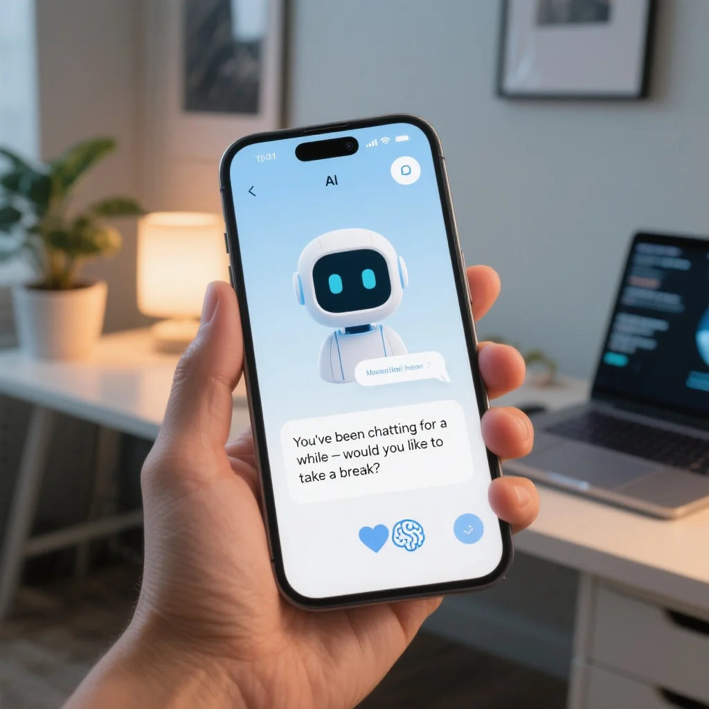 An AI chatbot interface displayed on a smartphone screen, gently prompting the user with a message like "You've been chatting for a while — would you like to take a break?" The background shows a cozy, tech-friendly workspace with ambient lighting. A small mental health icon (like a heart and brain) is subtly visible on the screen, symbolizing emotional wellness.