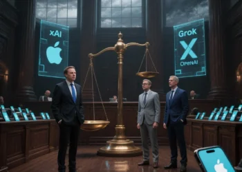 A dramatic courtroom-style illustration showing Elon Musk standing on one side with xAI and Grok logos, facing Apple’s Tim Cook and OpenAI’s Sam Altman on the other side. Behind them, a giant scale of justice looms, one side weighed down by the Apple and OpenAI logos, the other struggling to lift with Grok and X. In the background, iPhones glow with ChatGPT logos while a storm brews, symbolizing the antitrust battle.
