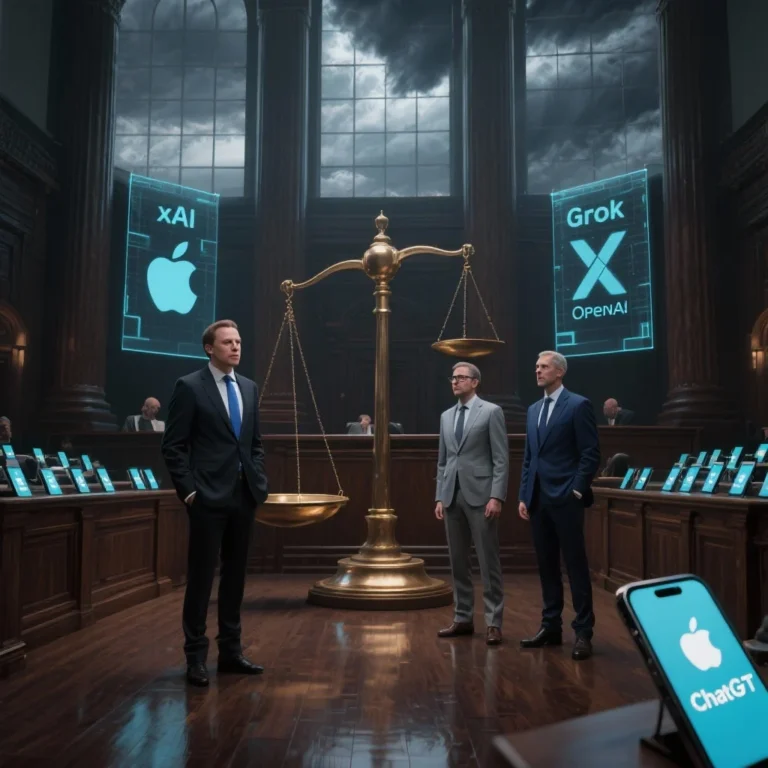 A dramatic courtroom-style illustration showing Elon Musk standing on one side with xAI and Grok logos, facing Apple’s Tim Cook and OpenAI’s Sam Altman on the other side. Behind them, a giant scale of justice looms, one side weighed down by the Apple and OpenAI logos, the other struggling to lift with Grok and X. In the background, iPhones glow with ChatGPT logos while a storm brews, symbolizing the antitrust battle.