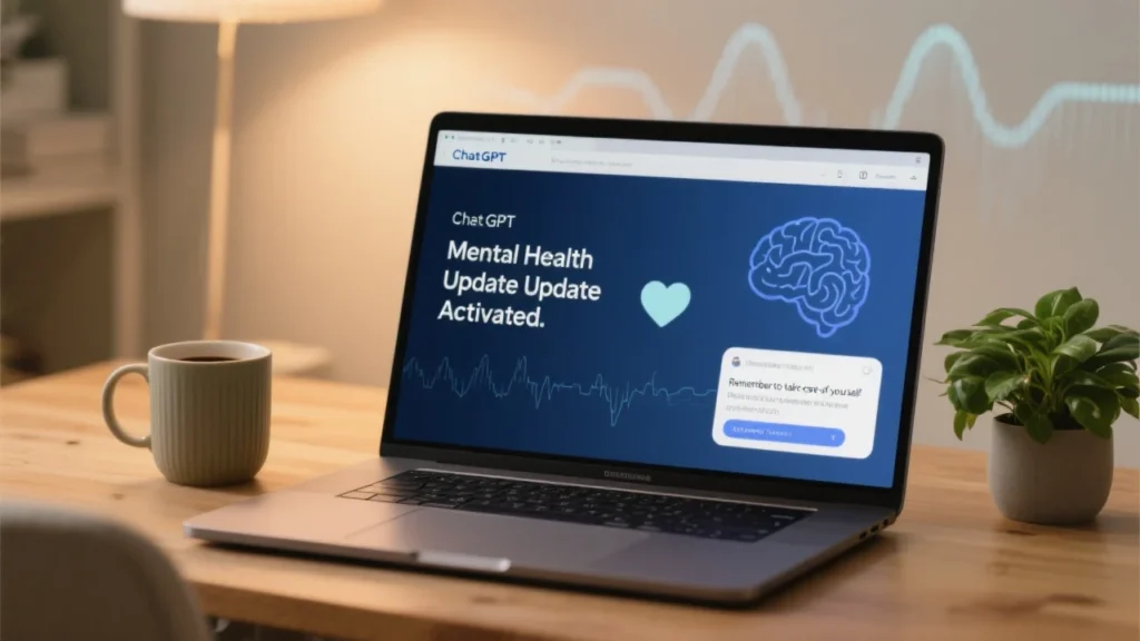 A sleek laptop screen displays ChatGPT with a headline reading “Mental Health Update Activated.” A notification bubble gently pops up on the side: “Remember to take care of yourself.” The environment is calm and modern — think soft lighting, a desk plant, and a coffee mug beside the keyboard. A subtle overlay of brainwaves or a heart icon floats in the background, hinting at emotional support through AI.