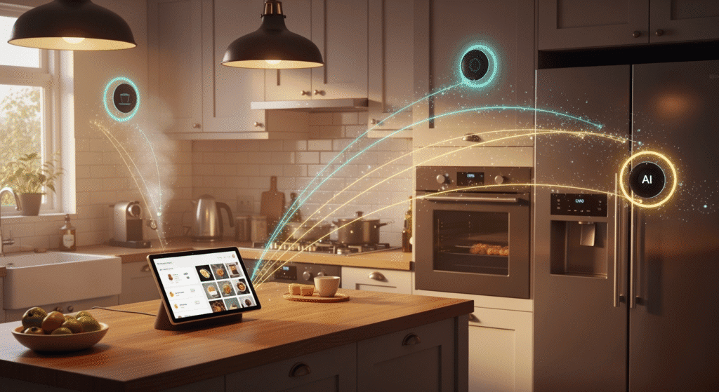 A cozy modern kitchen where a Google Nest Hub sits on the counter, displaying a recipe. Smart lights, a thermostat, and connected appliances are subtly highlighted, representing Gemini’s role in unifying smart home devices.