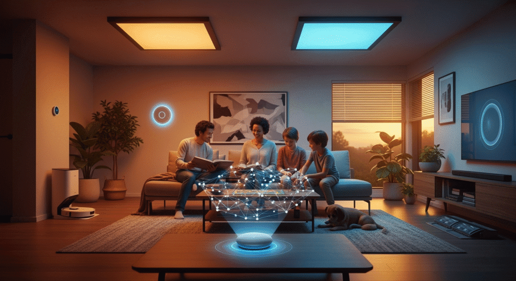 A futuristic living room bathed in soft ambient light, with a family relaxing while a Google Nest speaker glows gently on a table. The scene conveys harmony and trust between people and AI, symbolizing the future of smart living with Gemini.