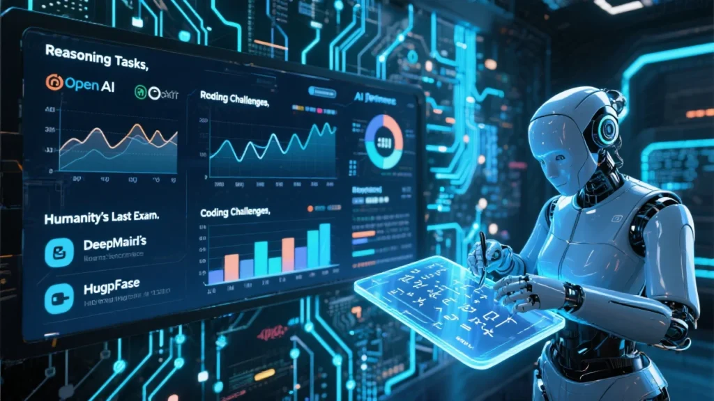 A digital dashboard displaying AI performance metrics, with line graphs and bar charts labeled “Reasoning Tasks,” “Coding Challenges,” and “Humanity’s Last Exam.” In the corner, a sleek avatar resembling an AI assistant is shown completing a math problem. The background includes logos of benchmark platforms and glowing circuitry to convey raw computing power.