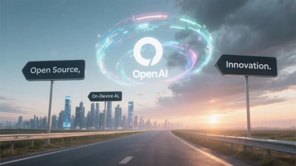 A symbolic road stretching toward a futuristic city skyline, with signposts labeled “Open Source,” “On-Device AI,” and “Innovation.” Above the horizon, the OpenAI logo floats among glowing data streams. The sky transitions from cloudy uncertainty to a clear sunrise, representing the shift from closed AI to open development.