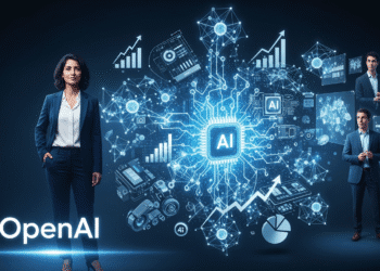 A modern corporate-style illustration showing Fidji Simo confidently standing in front of the OpenAI logo, symbolizing leadership and strategy. In the background, abstract visuals of AI neural networks and futuristic devices blend with charts and financial growth icons, representing OpenAI’s research, infrastructure, and consumer applications. Sam Altman is depicted slightly in the background, focused on research, while Simo is at the forefront, embodying operational control and vision.