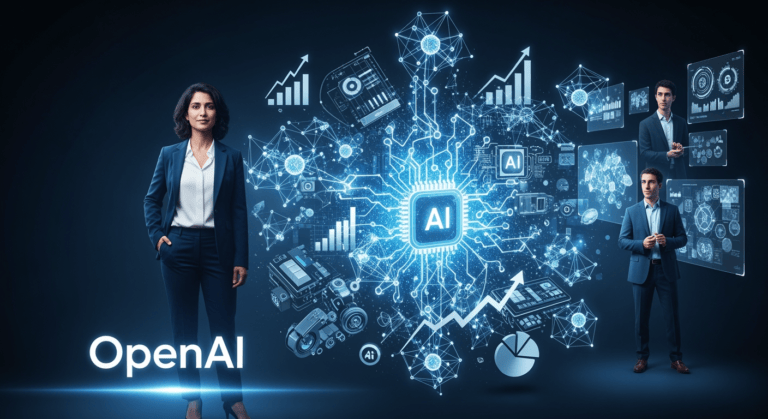 A modern corporate-style illustration showing Fidji Simo confidently standing in front of the OpenAI logo, symbolizing leadership and strategy. In the background, abstract visuals of AI neural networks and futuristic devices blend with charts and financial growth icons, representing OpenAI’s research, infrastructure, and consumer applications. Sam Altman is depicted slightly in the background, focused on research, while Simo is at the forefront, embodying operational control and vision.