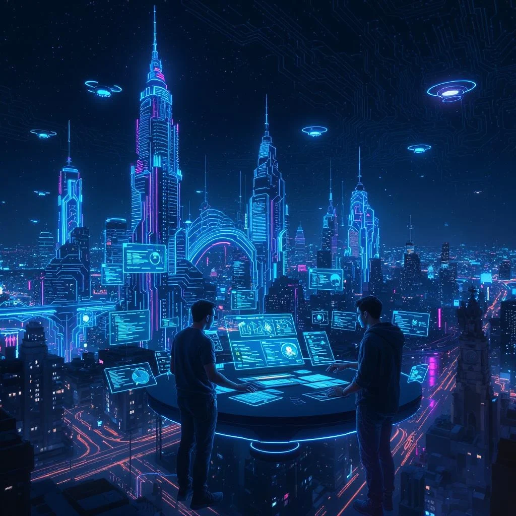 A futuristic city skyline made of glowing code, with AI-powered drones and holographic displays symbolizing the future of software development. In the foreground, developers collaborate at a floating workstation, while the GitHub and Microsoft logos merge seamlessly into an AI circuit pattern stretching into the horizon.