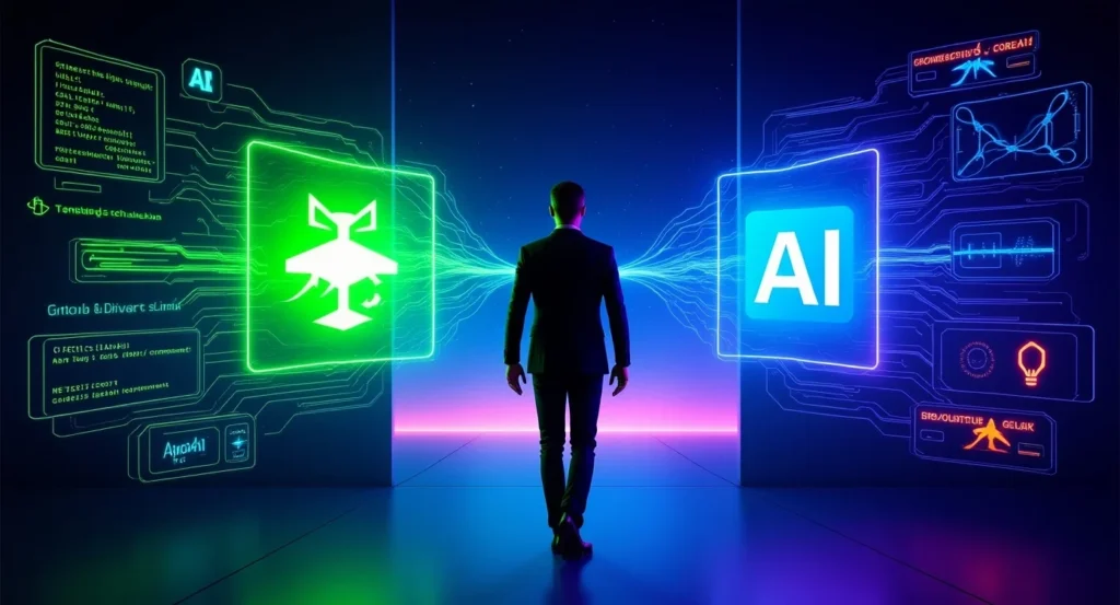 A professional, modern newsroom-style illustration showing GitHub’s logo merging into Microsoft’s AI Core division. In the background, AI-generated code streams and holographic interface panels glow, while a symbolic CEO figure walks toward a new startup path. The atmosphere blends corporate transition with technological innovation.