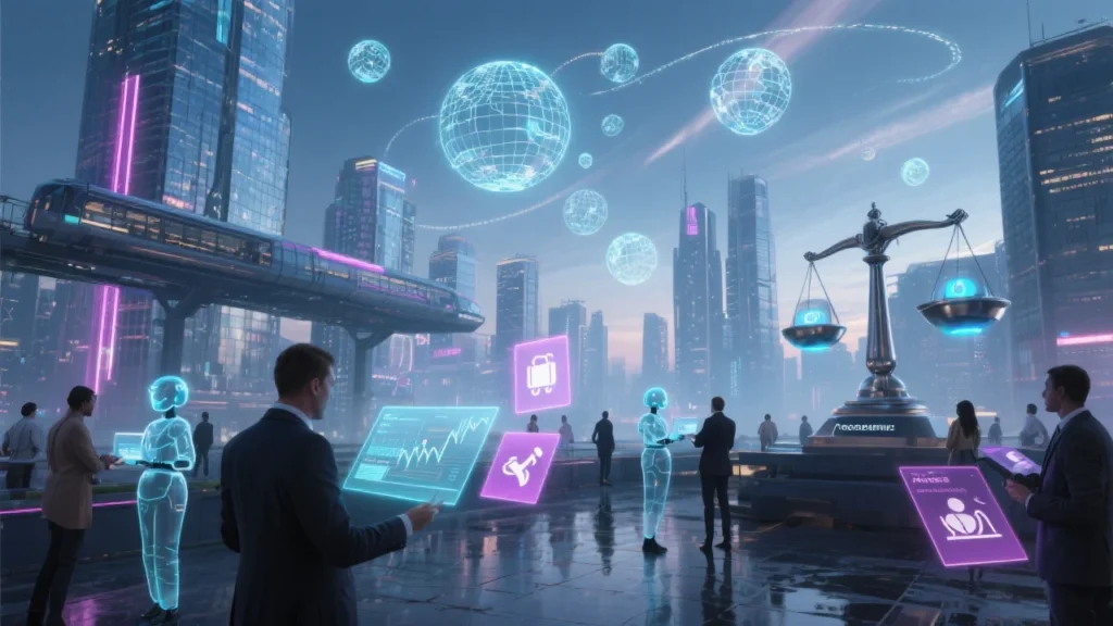 A futuristic cityscape with holographic AI assistants interacting with people in professional and personal settings. Some holograms display project notes and reminders, while others suggest personal recommendations. In the sky above, glowing globe-shaped grids represent global AI adoption, while a compliance balance scale hovers on the side, symbolizing regulatory challenges.