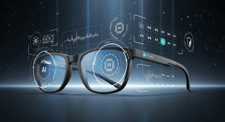 A sleek pair of HTC Vive Eagle AI smart glasses in matte black, set against a futuristic background with digital overlays of translation text, AI icons, and holographic interfaces. The glasses feature slim temples, ZEISS lenses, and an illuminated LED indicator, symbolizing cutting-edge AI integration, translation, and privacy-first technology.