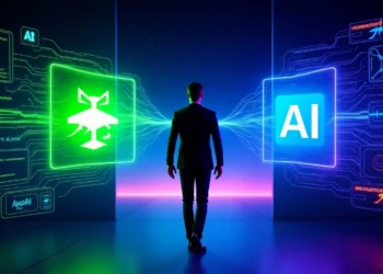 A professional, modern newsroom-style illustration showing GitHub’s logo merging into Microsoft’s AI Core division. In the background, AI-generated code streams and holographic interface panels glow, while a symbolic CEO figure walks toward a new startup path. The atmosphere blends corporate transition with technological innovation.